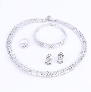 Planet Gates silver / Resizable Wedding Jewelry Set Crystal 4Pcs Sets Necklace Bracelet Ring And Earrings For Women Party Accessories