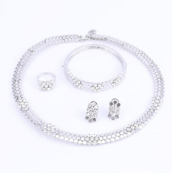 Planet Gates silver / Resizable Wedding Jewelry Set Crystal 4Pcs Sets Necklace Bracelet Ring And Earrings For Women Party Accessories