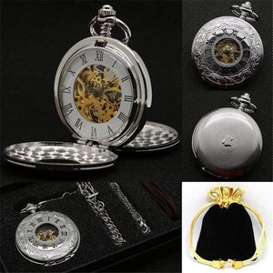 Planet Gates Silver Roman Numeral Mechanical Pocket Watch Set Luxury Pendant Watch for Men Men with Pocket & Necklace Chain Pouch Bag