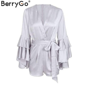 Planet Gates Silver / S Sexy v neck flare long sleeve playsuit High waist tie up pleated satin short romper 2018 Summer women jumpsuit