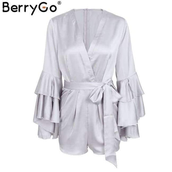 Planet Gates Silver / S Sexy v neck flare long sleeve playsuit High waist tie up pleated satin short romper 2018 Summer women jumpsuit