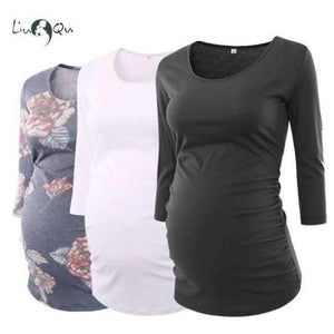 Planet Gates Silver / S Women's Blouse Maternity Clothes Side Ruched 3 Quarter Sleeve Maternity Scoop Neck Jersey Top Pregnancy Clothes for Women Tops