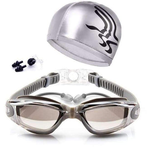 Planet Gates Silver Swim Glasses Kit Coated Lens Anti Fog Swim Goggles Case Nose Clip Ear Plugs Men Women badmuts Swimming Caps Set