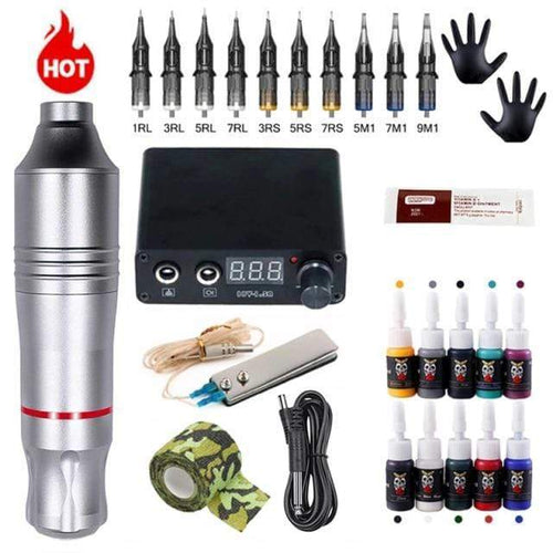 Planet Gates Silver Tattoo Kit Professional Tattoo Machine Kit Tattoo Power Supply Rotary Pen With Cartridges Needle Tattoo Pen For Tattoo Beginners Artist