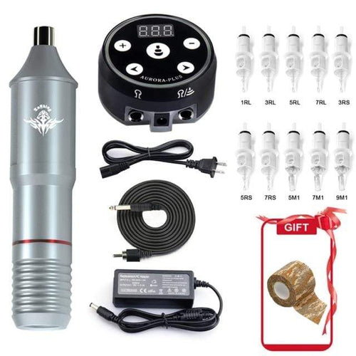 Planet Gates Silver Tattoo Set Professional Tattoo Machine Kit Tattoo LCD Power Supply Rotary Pen With Cartridges Needles Permanent Makeup for Tattoo Artist