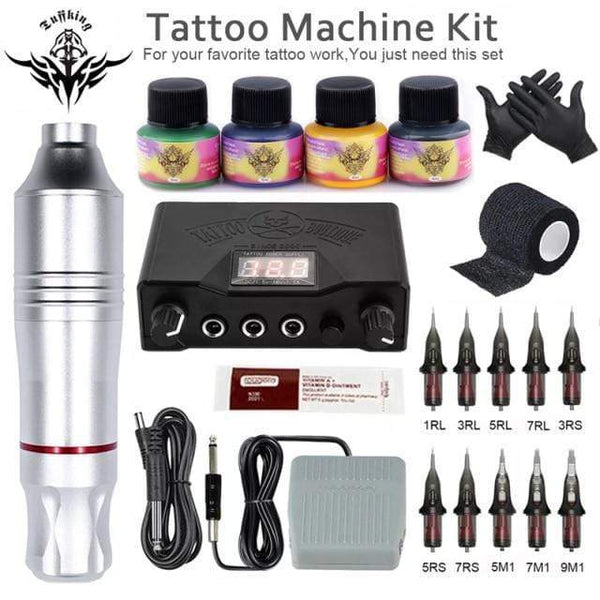 Planet Gates Silver Tattoo Set Professional Tattoo Machine Set Rotary Gun Tattoo Pen Cartridges Needles Sets Permanent Makeup Machine Body Art Tattoo Supplies
