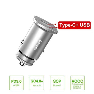 Planet Gates Silver USB Type C Baseus 30W Dual USB C PD Quick Charge QC 4.0 Car Charger For Mobile Phone Charger Fast USB PD Type C AFC SCP Car Phone Charger