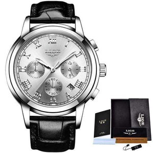 Planet Gates silver white leather Watches Men Sports Waterproof Date Analogue Quartz Men's Watches Chronograph Business Watches For Men Relogio Masculino+Box