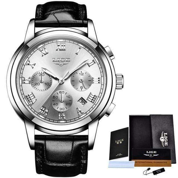 Planet Gates silver white leather Watches Men Sports Waterproof Date Analogue Quartz Men's Watches Chronograph Business Watches For Men Relogio Masculino+Box