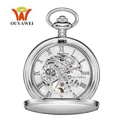 Planet Gates Black Mechanical Hand Wind Pocket Watch Silver Black Stainless Steel Case Water Resistant Hombre Watch Men
