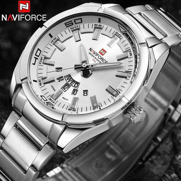 Planet Gates silver white Men Watches Luxury Sport Quartz 30M Waterproof Watches Men's Stainless Steel Band Auto Date Wristwatches Relojes