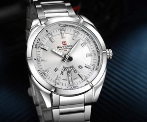 Planet Gates silver white Men Watches Luxury Sport Quartz 30M Waterproof Watches Men's Stainless Steel Band Auto Date Wristwatches Relojes