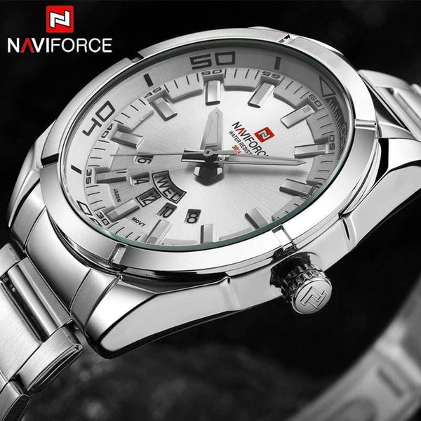 Planet Gates silver white Men Watches Luxury Sport Quartz 30M Waterproof Watches Men's Stainless Steel Band Auto Date Wristwatches Relojes