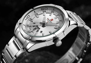 Planet Gates silver white Men Watches Luxury Sport Quartz 30M Waterproof Watches Men's Stainless Steel Band Auto Date Wristwatches Relojes