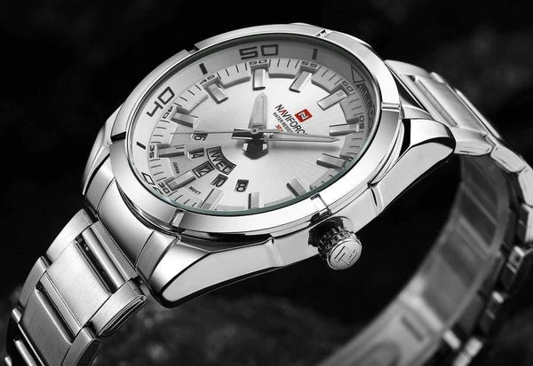 Planet Gates silver white Men Watches Luxury Sport Quartz 30M Waterproof Watches Men's Stainless Steel Band Auto Date Wristwatches Relojes