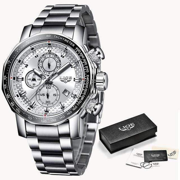 Planet Gates Silver white Mens Watches Top Brand Luxury Sport Quartz All Steel Male Clock Military Waterproof Chronograph Relogio Masculino