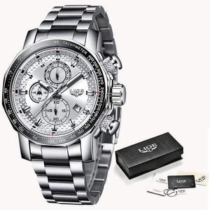Planet Gates Silver white Sport Chronograph Mens Watches Top Brand Luxury Full Steel Quartz Clock Waterproof Big Dial Watch Men