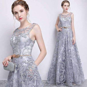 Planet Gates Silver with Belt / 2 Elegant Evening Dress Long A Line See Though Back Formal Dresses Women Occasion Party Dresses with Belt 2018 New YS411