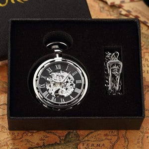 Planet Gates Silver with box Skeleton Mechanical Pocket Watch Men Steampunk Mechanical Fob Watches Clock Pendant Hand-winding Relogio De Bolso