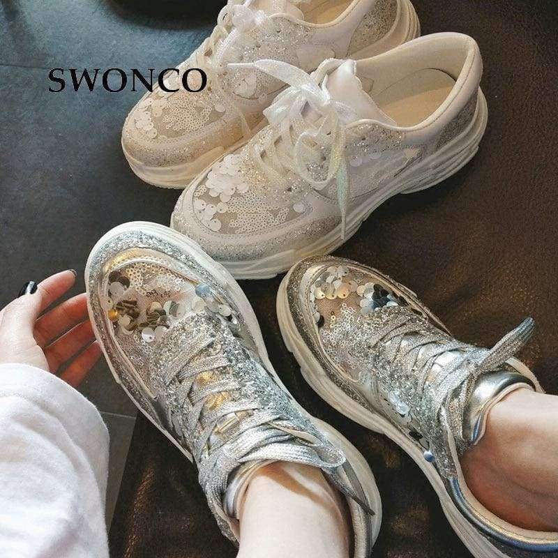 Planet Gates Silvery / 35 SWONCO Women's Vulcanize Shoes 2018 Summer Breathable Mesh Fashion Sequin Girl Sneakers Women Shoes High Heel Platform Sneakers