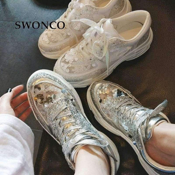 Planet Gates Silvery / 35 SWONCO Women's Vulcanize Shoes 2018 Summer Breathable Mesh Fashion Sequin Girl Sneakers Women Shoes High Heel Platform Sneakers