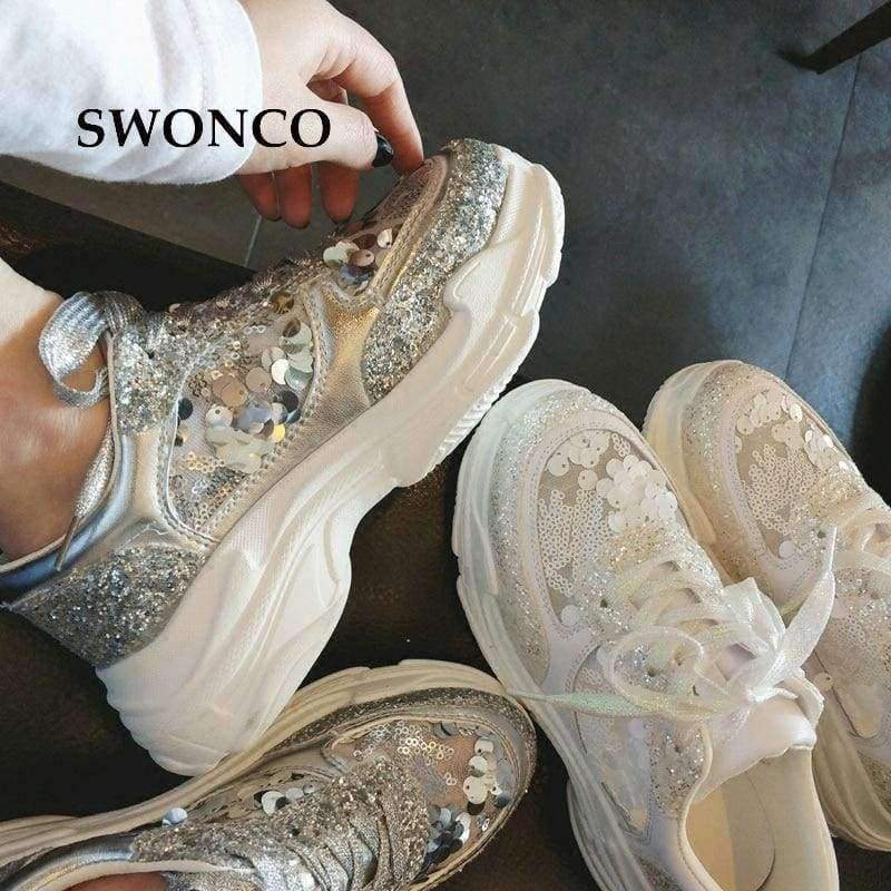 Planet Gates Silvery / 35 SWONCO Women's Vulcanize Shoes 2018 Summer Breathable Mesh Fashion Sequin Girl Sneakers Women Shoes High Heel Platform Sneakers