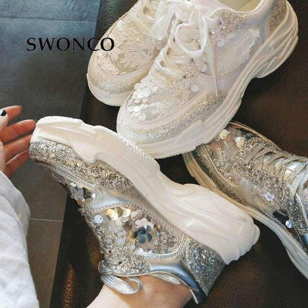 Planet Gates Silvery / 35 SWONCO Women's Vulcanize Shoes 2018 Summer Breathable Mesh Fashion Sequin Girl Sneakers Women Shoes High Heel Platform Sneakers