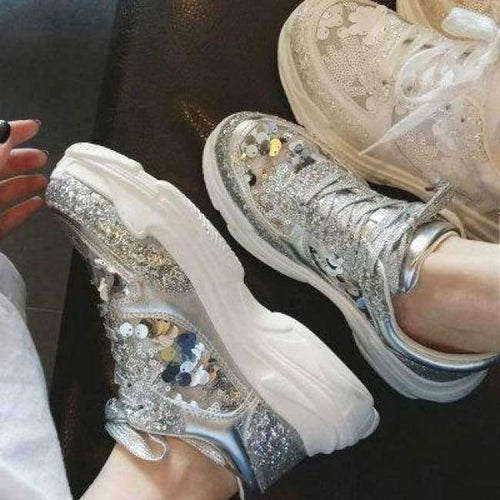 Planet Gates Silvery / 35 SWONCO Women's Vulcanize Shoes 2018 Summer Breathable Mesh Fashion Sequin Girl Sneakers Women Shoes High Heel Platform Sneakers