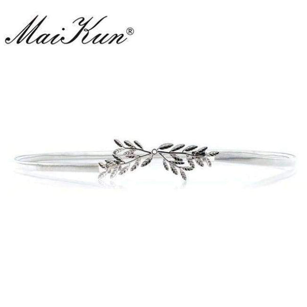 Planet Gates Silvery MaiKun Thin Belts for Women Luxury Brand Women Belt Elastic Metal Golden Olive Leaf Female Belt