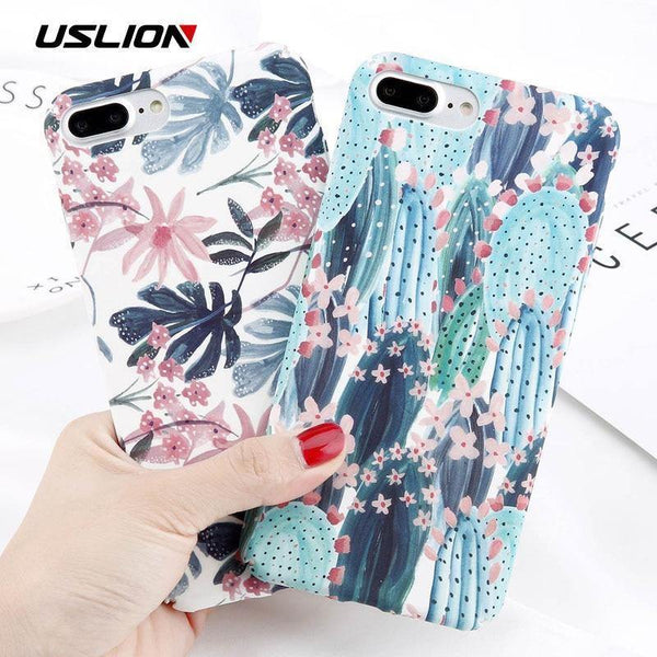 Planet Gates SJ9270 / For iPhone 7 Plus USLION Candy Color Leaf Case For iPhone XR XS MAX X Green Cactus Flower Phone Cases For iPhone 8 7 6 6S Plus Hard PC Full Cover
