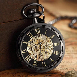 Planet Gates Skeleton Mechanical Fob Pocket Watch Roman Number Clock Pendant Hand-winding Men Women Chain Gift