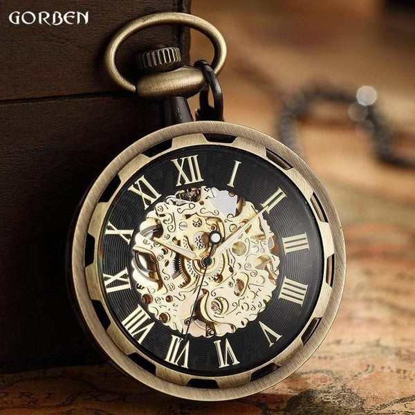 Planet Gates Skeleton Mechanical Fob Pocket Watch Roman Number Clock Pendant Hand-winding Men Women Chain Gift
