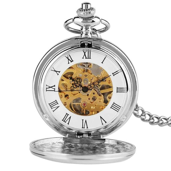 Planet Gates Skeleton Mechanical Pocket Watch for Men Steampunk Silver Hand Winding Watches
