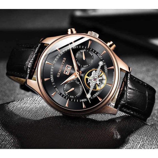Planet Gates Skeleton Tourbillon Mechanical Watch Men Automatic Classic Rose Gold Leather Mechanical Wrist Watches Reloj Hombre 2018 Luxury