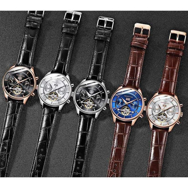 Planet Gates Skeleton Tourbillon Mechanical Watch Men Automatic Classic Rose Gold Leather Mechanical Wrist Watches Reloj Hombre 2018 Luxury