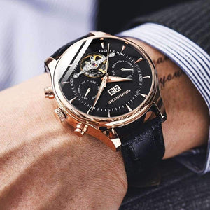 Planet Gates Skeleton Tourbillon Mechanical Watch Men Automatic Classic Rose Gold Leather Mechanical Wrist Watches Reloj Hombre 2018 Luxury