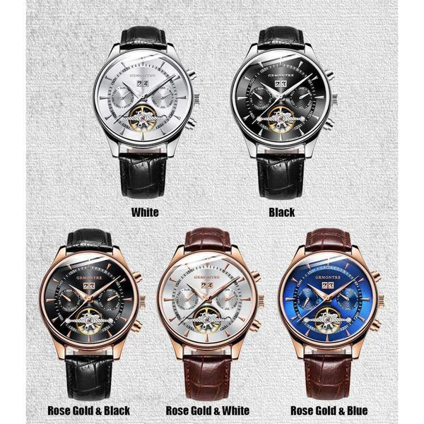 Planet Gates Skeleton Tourbillon Mechanical Watch Men Automatic Classic Rose Gold Leather Mechanical Wrist Watches Reloj Hombre 2018 Luxury