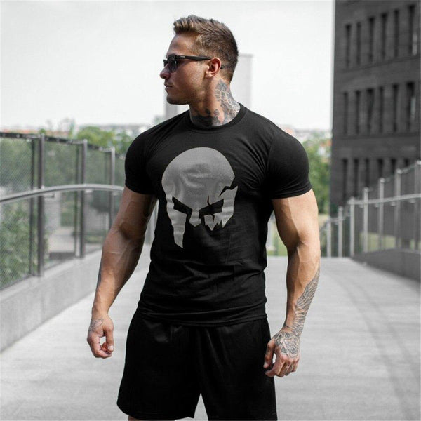Skull Print Cotton T Shirt Mens Gyms Fitness Slim T-shirt Summer Casual Black Short Sleeve Tee Tops Male Brand Clothing