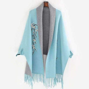 Planet Gates sky blue / 190cmX65cm Design with sleeve Poncho scarf winter warm  cashmere Embroidery Cape tassel Blanket wrapped scarf shawl For Women