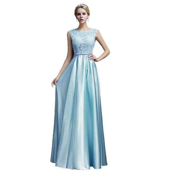 Planet Gates Sky Blue / 2 Long Lace Dark Pink Evening Dresses 2018 A-line Floor-Length Formal Party Prom Dresses O-neck Sleeveless Bow