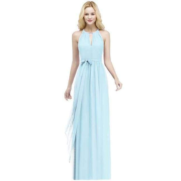 Planet Gates Sky Blue / 2 Purple Halter Neck Bow Tie Bridesmaid Dresses 2018 Cheap Chiffon Wedding Party Dresses Robe Demoiselle D'honneur