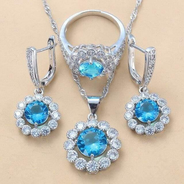 Planet Gates Sky Blue 3PCS / 7 Wedding Costume 925 Sterling Silver White Zircon Jewelry Sets For Women Bridal Accessories  Jewel