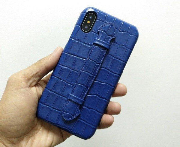 Planet Gates Sky Blue / For iPhone X Leather Hand Strap Holder Case For iPhone X XS Max Cell Phone Luxury Crocodile Thin Slim Hard Cover Solque