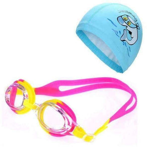 Planet Gates Sky Blue Hot pink / One Size Children Anti Fog UV Protection Waterproof Silicone Swimming Goggles Glasses Eyewear & PU Fabric Dolphin Swim Cap Hat Set