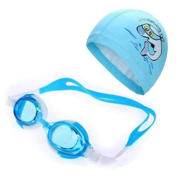 Planet Gates Sky Blue / One Size Children Anti Fog UV Protection Waterproof Silicone Swimming Goggles Glasses Eyewear & PU Fabric Dolphin Swim Cap Hat Set
