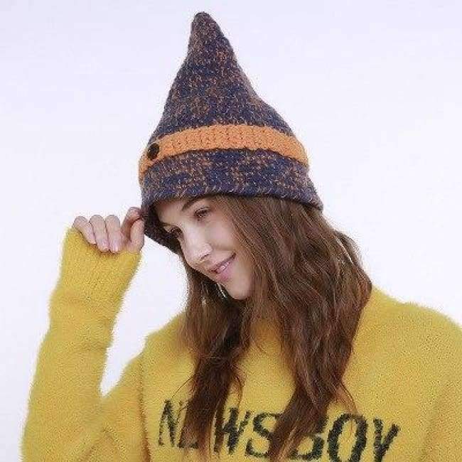Planet Gates Blue / One Size Mingjiebihuo New small pointed button wool hat ladies autumn and winter handmade knit hat point witch hat women girls
