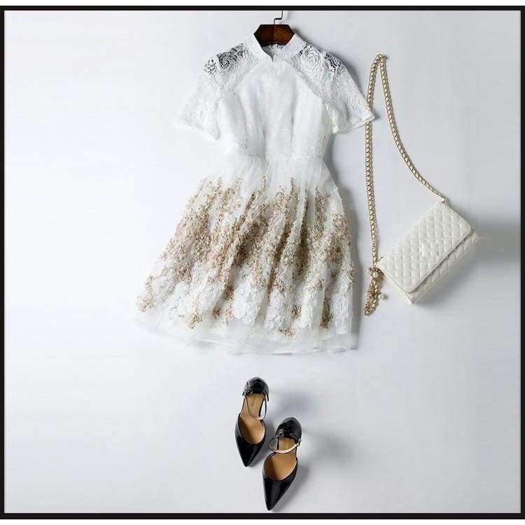 Planet Gates Mandarin Collar Dress Luxury Women Appliques Embroidery Short Sleeve Summer Lace Dress Event For Party Wedding NS416