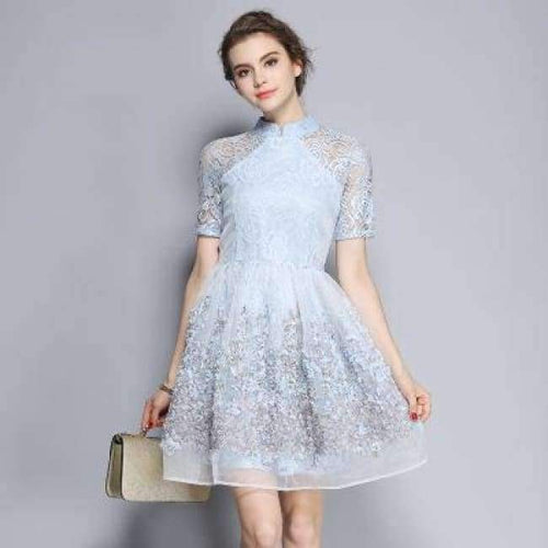 Planet Gates Sky Blue / S Mandarin Collar Dress Luxury Women Appliques Embroidery Short Sleeve Summer Lace Dress Event For Party Wedding NS416