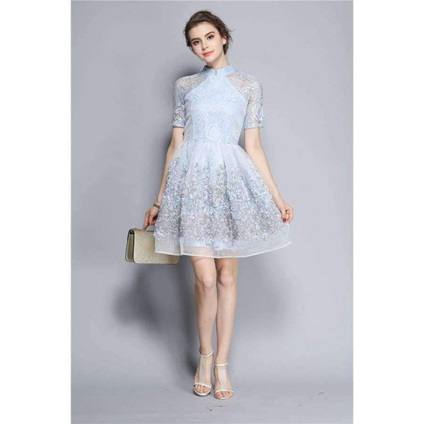 Planet Gates Sky Blue / S Mandarin Collar Dress Luxury Women Appliques Embroidery Short Sleeve Summer Lace Dress Event For Party Wedding NS416
