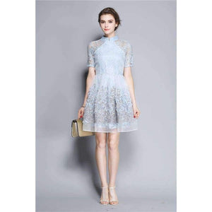 Planet Gates Sky Blue / S Mandarin Collar Dress Luxury Women Appliques Embroidery Short Sleeve Summer Lace Dress Event For Party Wedding NS416